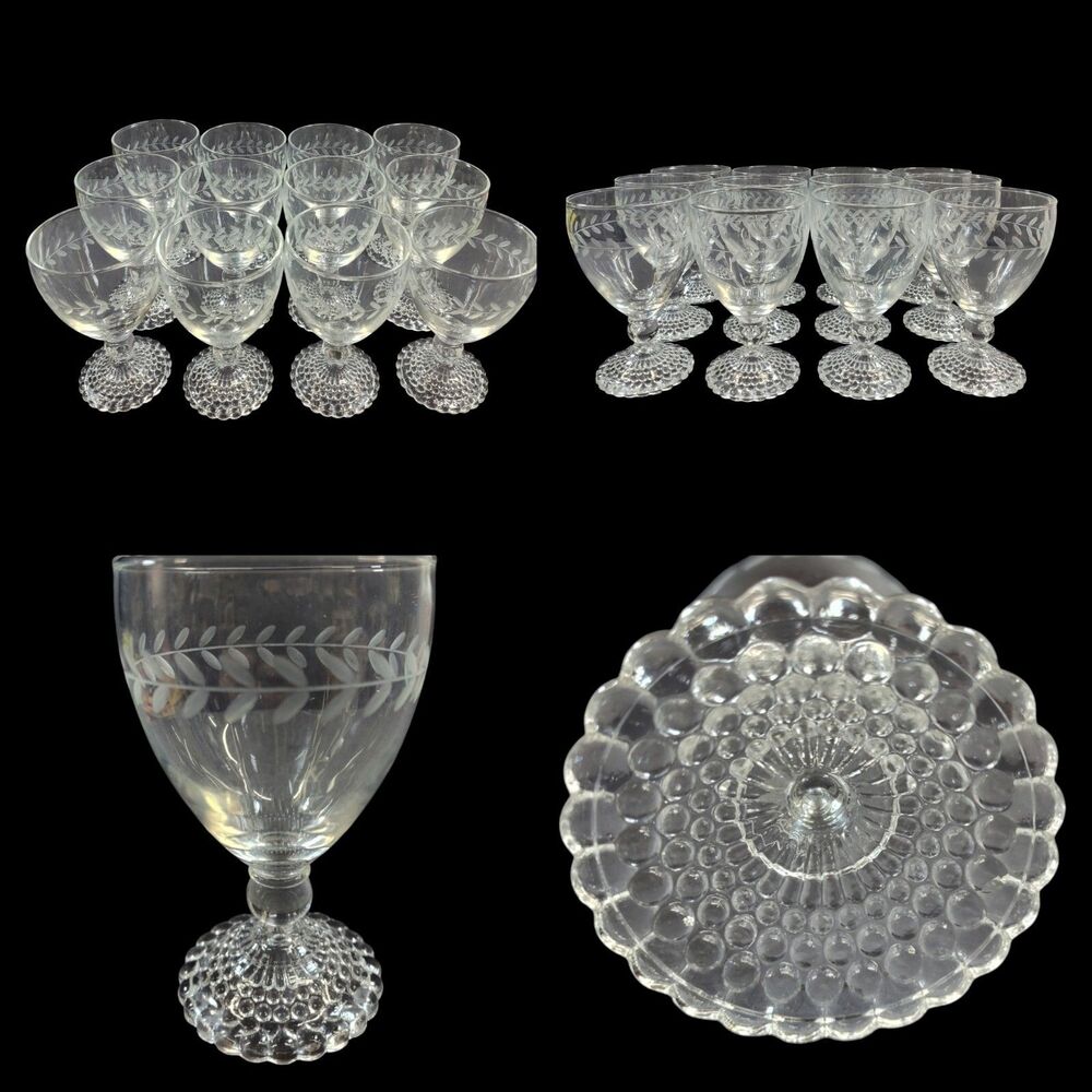 Lot Of 12 Bubble Foot Water/Wine Goblet Glass Clear Crystal Leaf Etched  5.5”